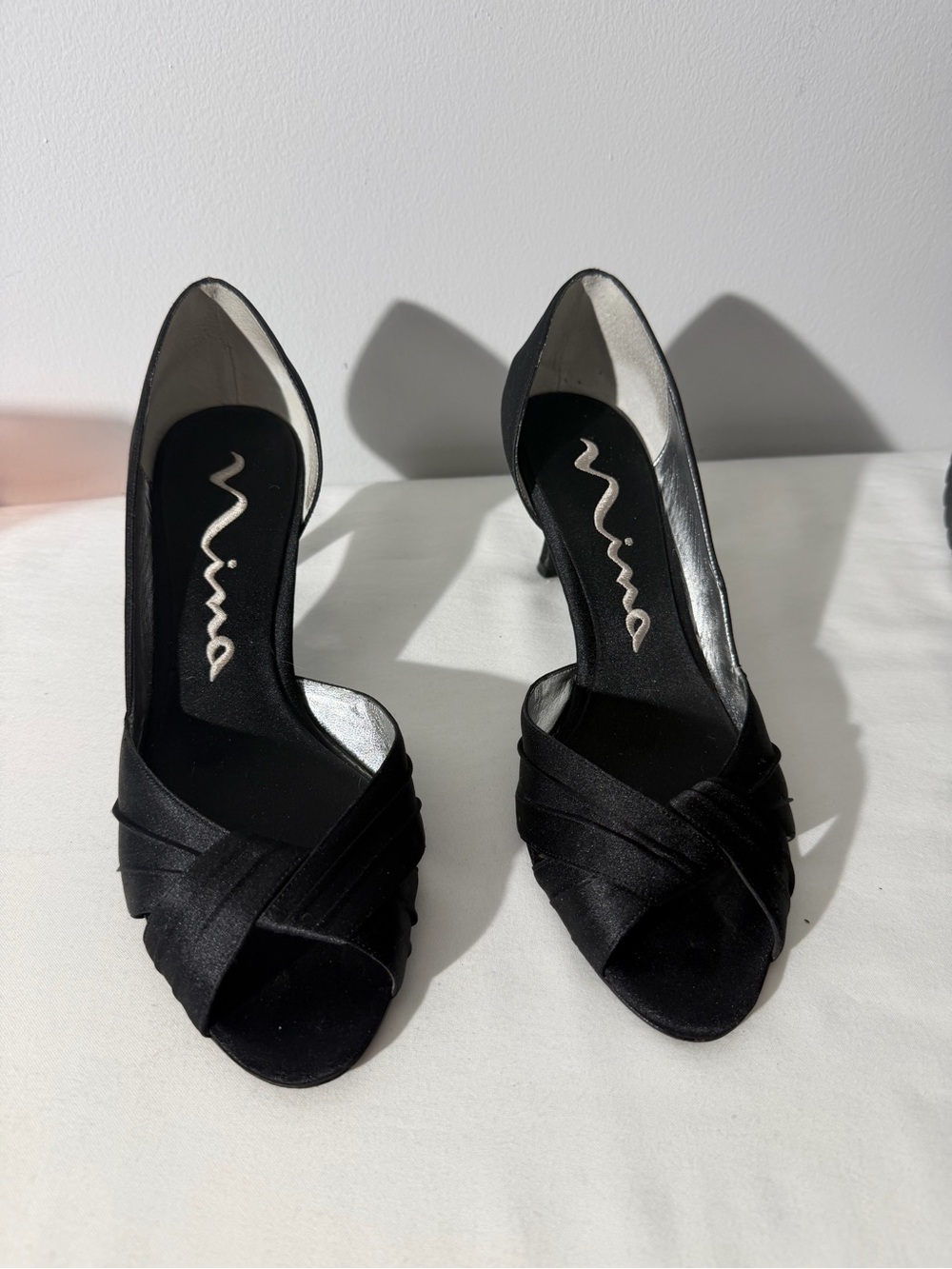 Nina Black Satin D'Orsay Peep-Toe Pumps
